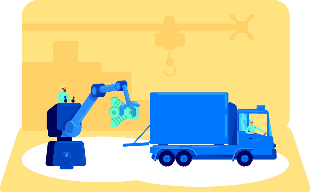 面包車平面概念矢量圖 從工廠生產(chǎn)到倉庫儲(chǔ)存的工業(yè)工作創(chuàng)意分發(fā)過程